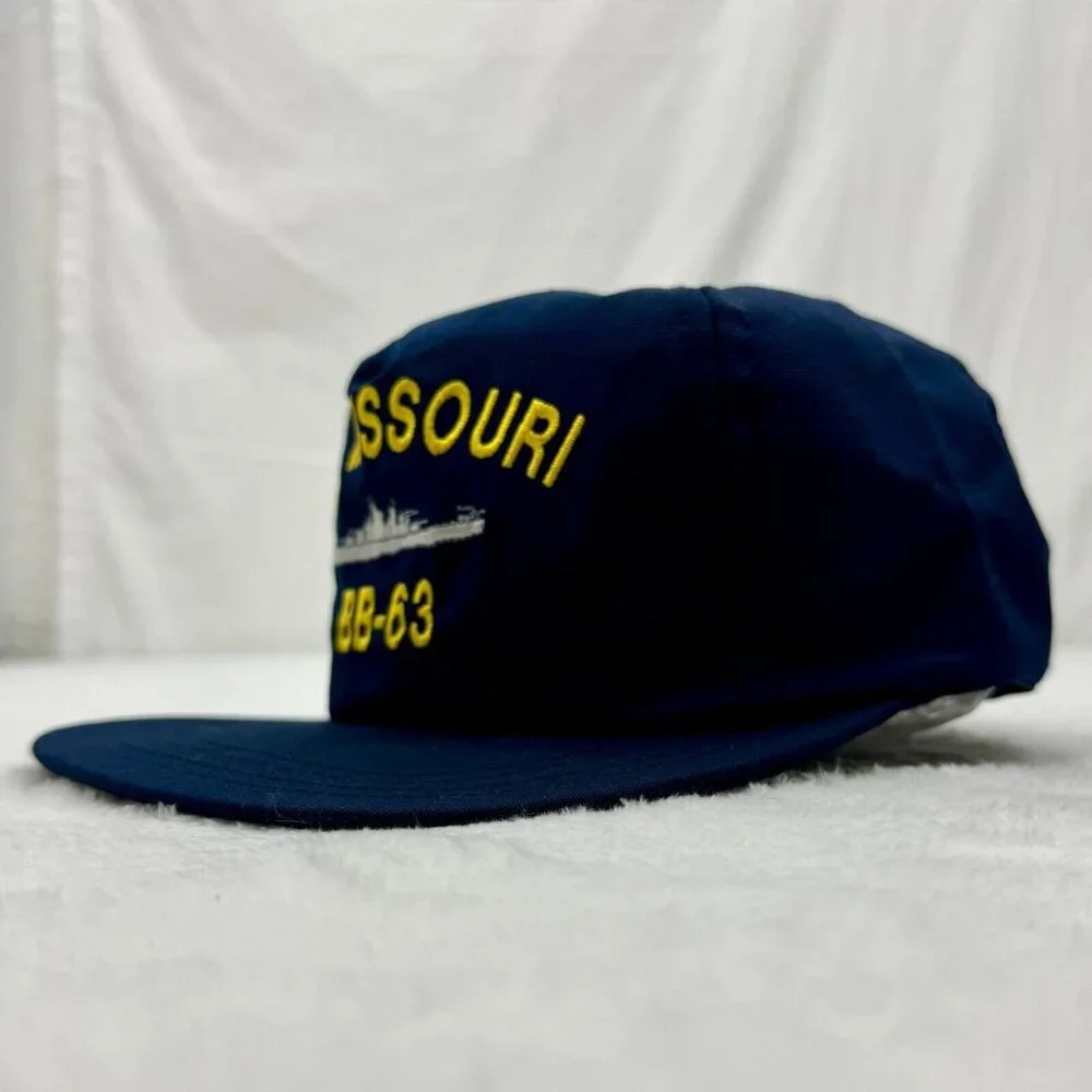 Vintage USS Missouri BB-63 Battleship Navy Snapback Cap Embroidered Blue (B)